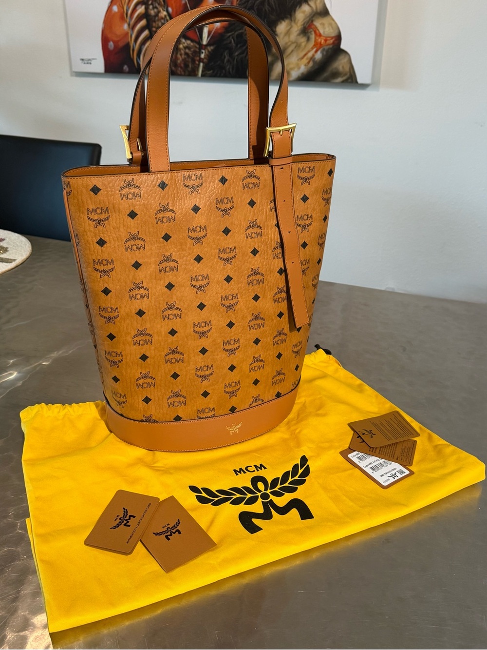 MCM Visetos Cognac Monogram Bucket Tote with Gold Accents